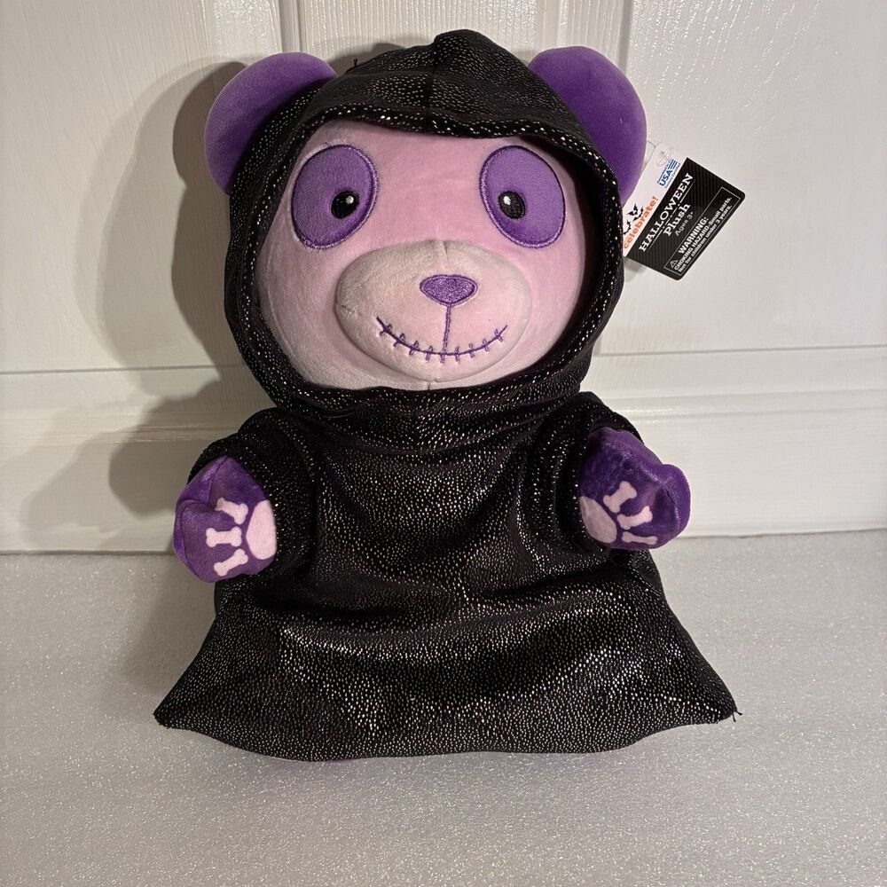 Halloween Purple Panda Reaper Plush Toy Wearing Black Sparkled Hooded Robe. New
